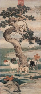  brillante Pintura - Lang brillando ocho caballos bajo un árbol tinta china antigua Giuseppe Castiglione